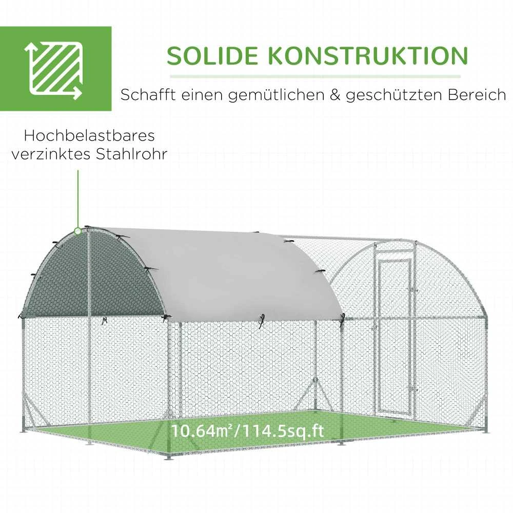 PawHut plieno vištidės lauko aptvaras, 280 x 380 x 197 cm narvas vištoms su UV spinduliams atspariu stogeliu, durelėmis, vištidė 6-12 vištų, smulkiems gyvūnams, sidabrinė