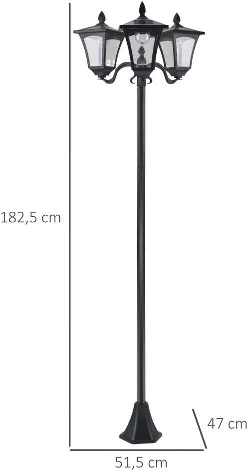 Outsunny saulės sodo žibintas su 3 šviestuvais, LED takelio šviestuvas 120 liumenų IP44, 201 nerūdijantis plienas, juodas, 51,5 x 47 x 182,5 cm