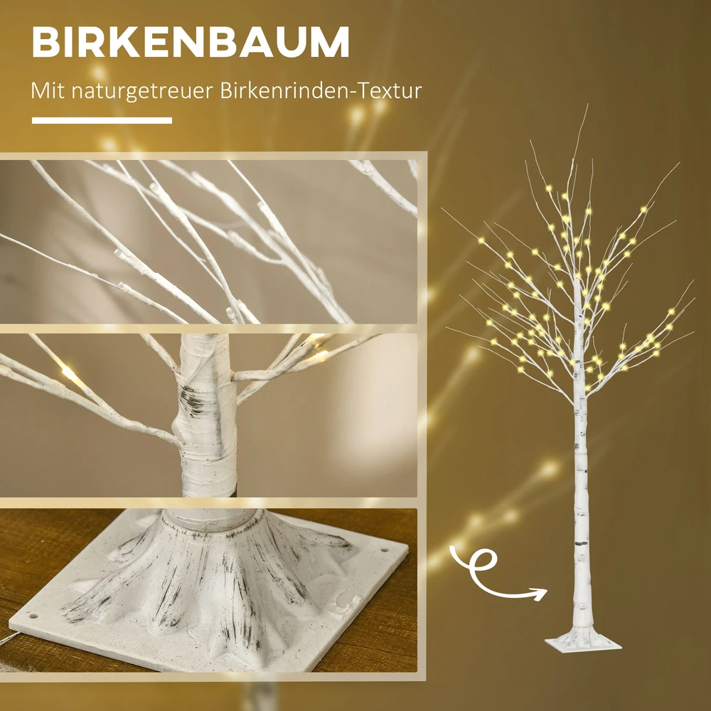Homcom LED dekoratyvinis beržas su 96 šiltai baltomis LED lemputėmis, baltas, 22 × 22 × 180 cm