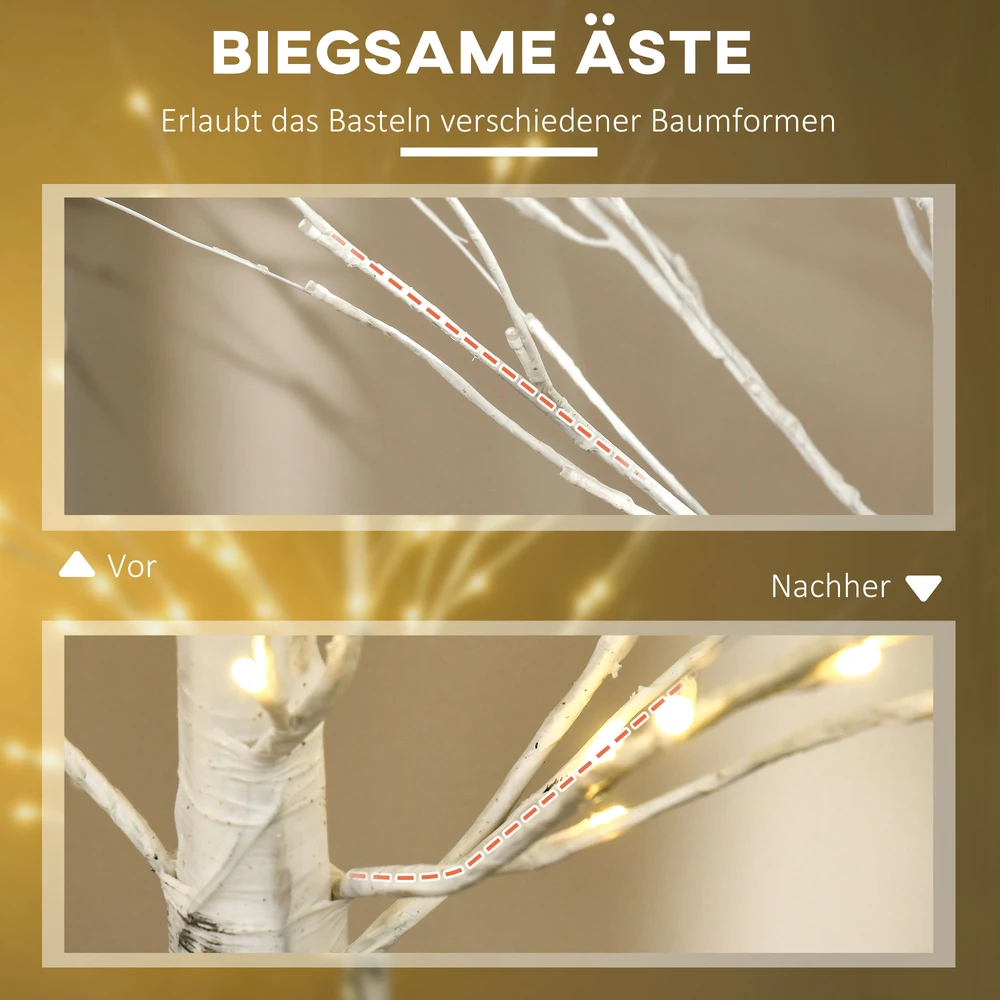 Homcom LED dekoratyvinis beržas su 96 šiltai baltomis LED lemputėmis, baltas, 22 × 22 × 180 cm