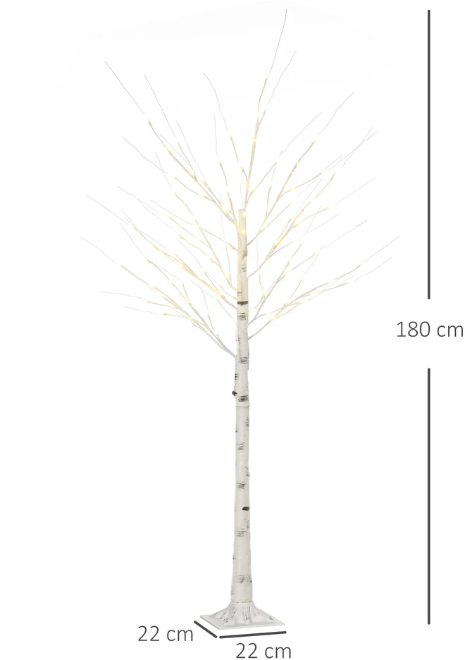 Homcom LED dekoratyvinis beržas su 96 šiltai baltomis LED lemputėmis, baltas, 22 × 22 × 180 cm