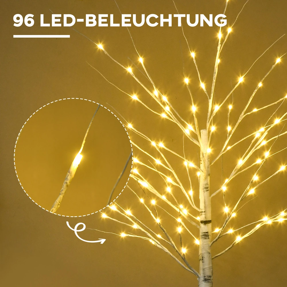 Homcom LED dekoratyvinis beržas su 96 šiltai baltomis LED lemputėmis, baltas, 22 × 22 × 180 cm