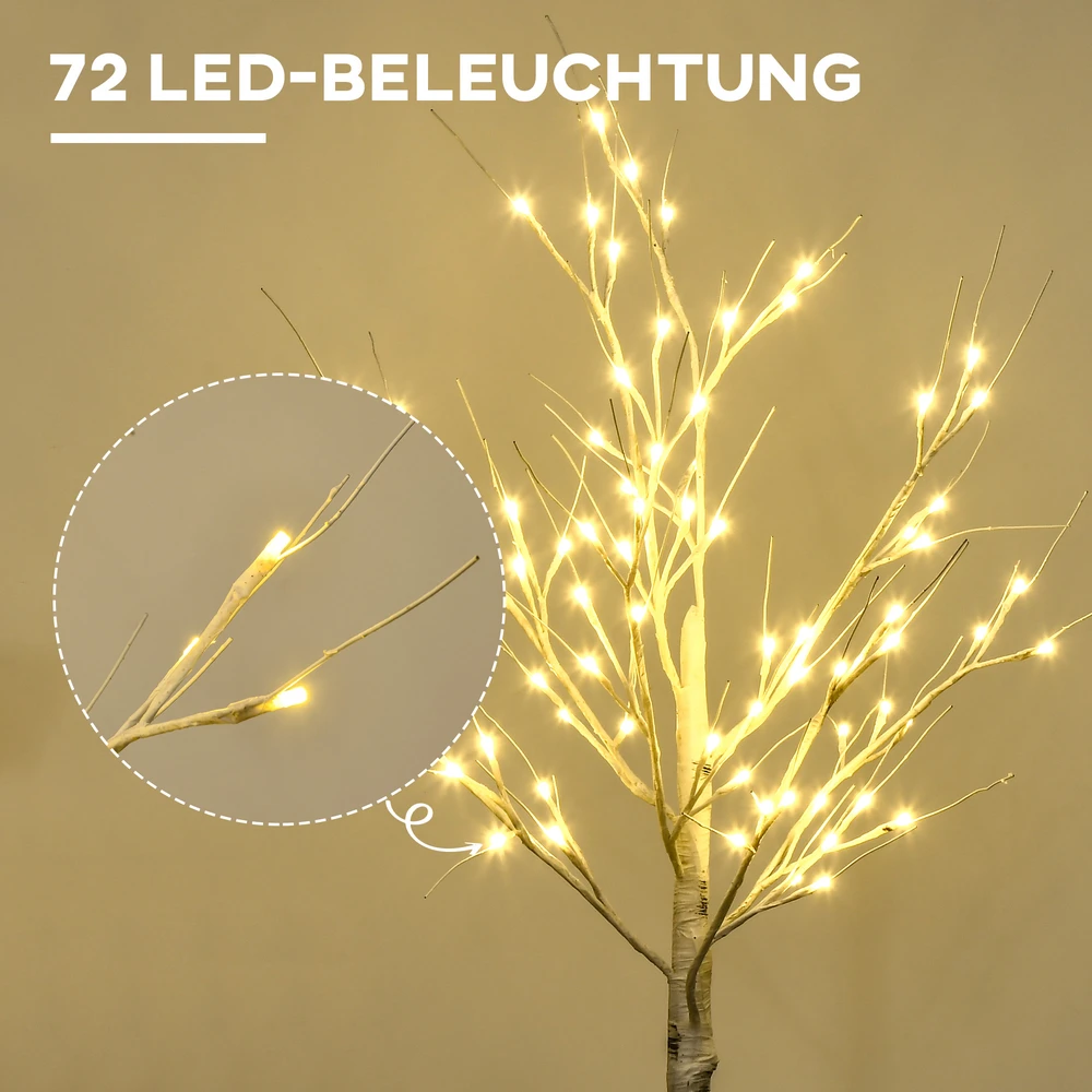 Homcom LED dirbtinis beržas su 72 šiltai baltomis LED lemputėmis, baltas, 17 x 17 x 120 cm