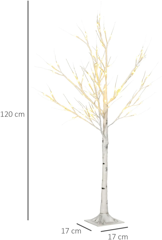 Homcom LED dirbtinis beržas su 72 šiltai baltomis LED lemputėmis, baltas, 17 x 17 x 120 cm