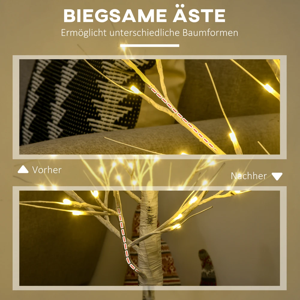 Homcom LED dirbtinis beržas su 72 šiltai baltomis LED lemputėmis, baltas, 17 x 17 x 120 cm
