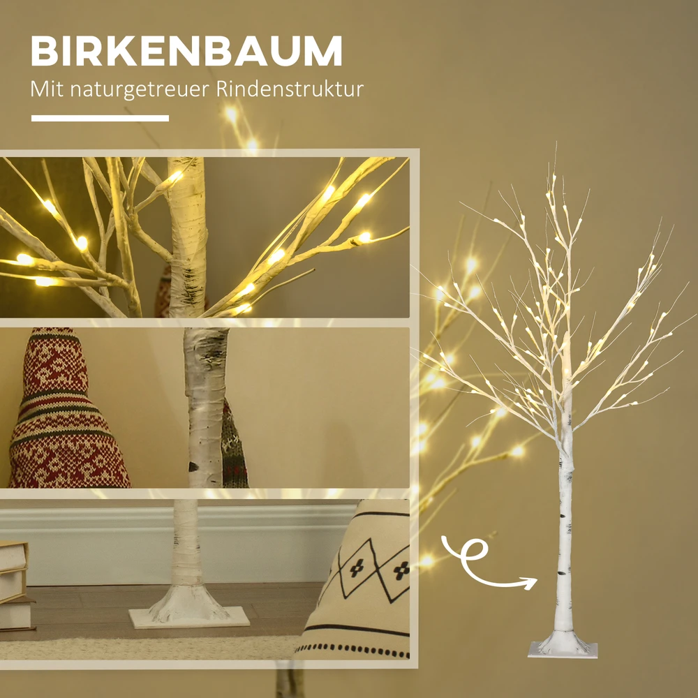 Homcom LED dirbtinis beržas su 72 šiltai baltomis LED lemputėmis, baltas, 17 x 17 x 120 cm