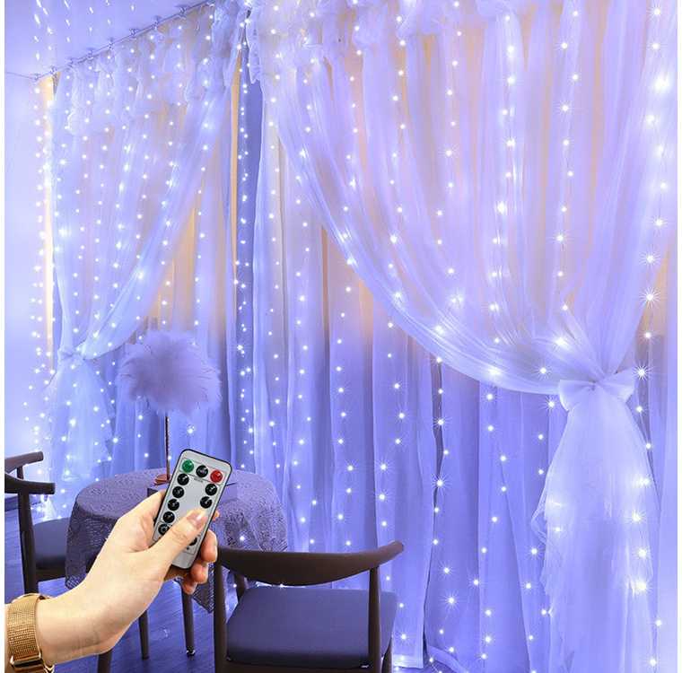LED girlianda su 300 šaltai baltų lempučių ir nuotoliniu valdymu, 3x2,9 m