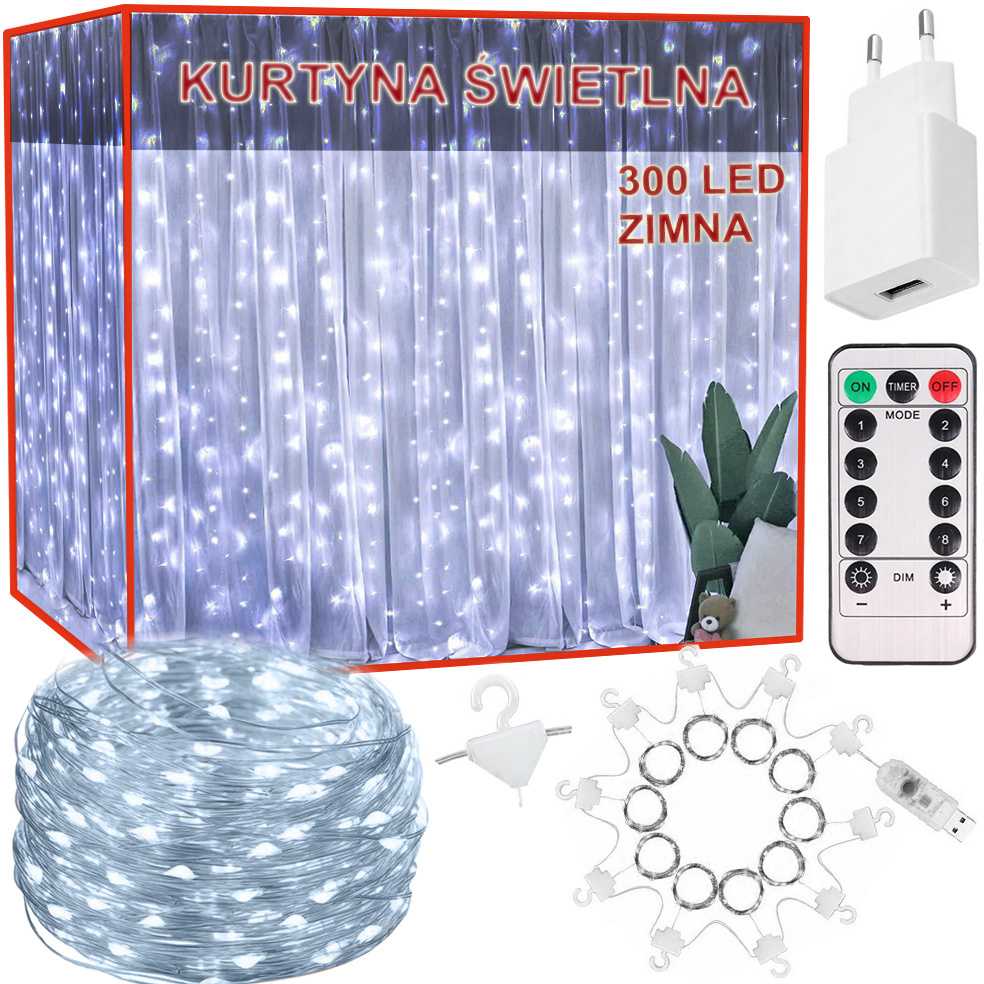 LED girlianda su 300 šaltai baltų lempučių ir nuotoliniu valdymu, 3x2,9 m