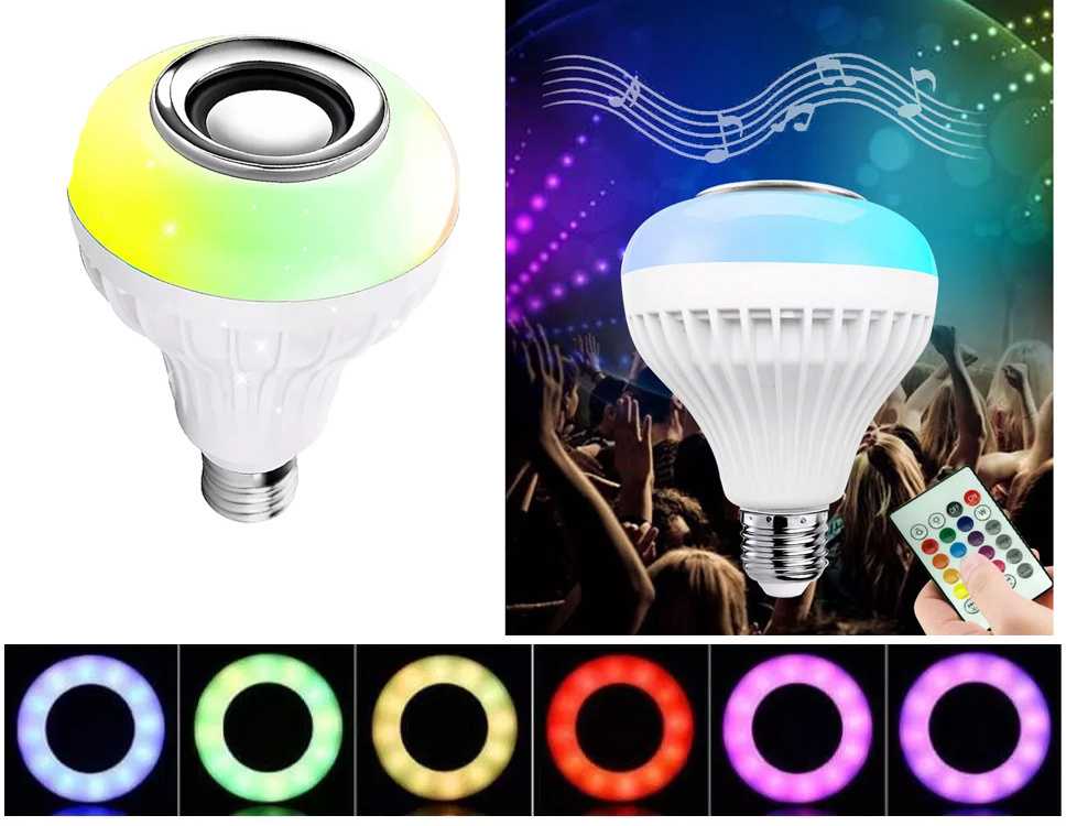LED lemputė RGB su Bluetooth garsiakalbiu ir nuotoliniu valdymu