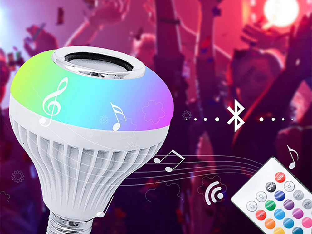 LED lemputė RGB su Bluetooth garsiakalbiu ir nuotoliniu valdymu