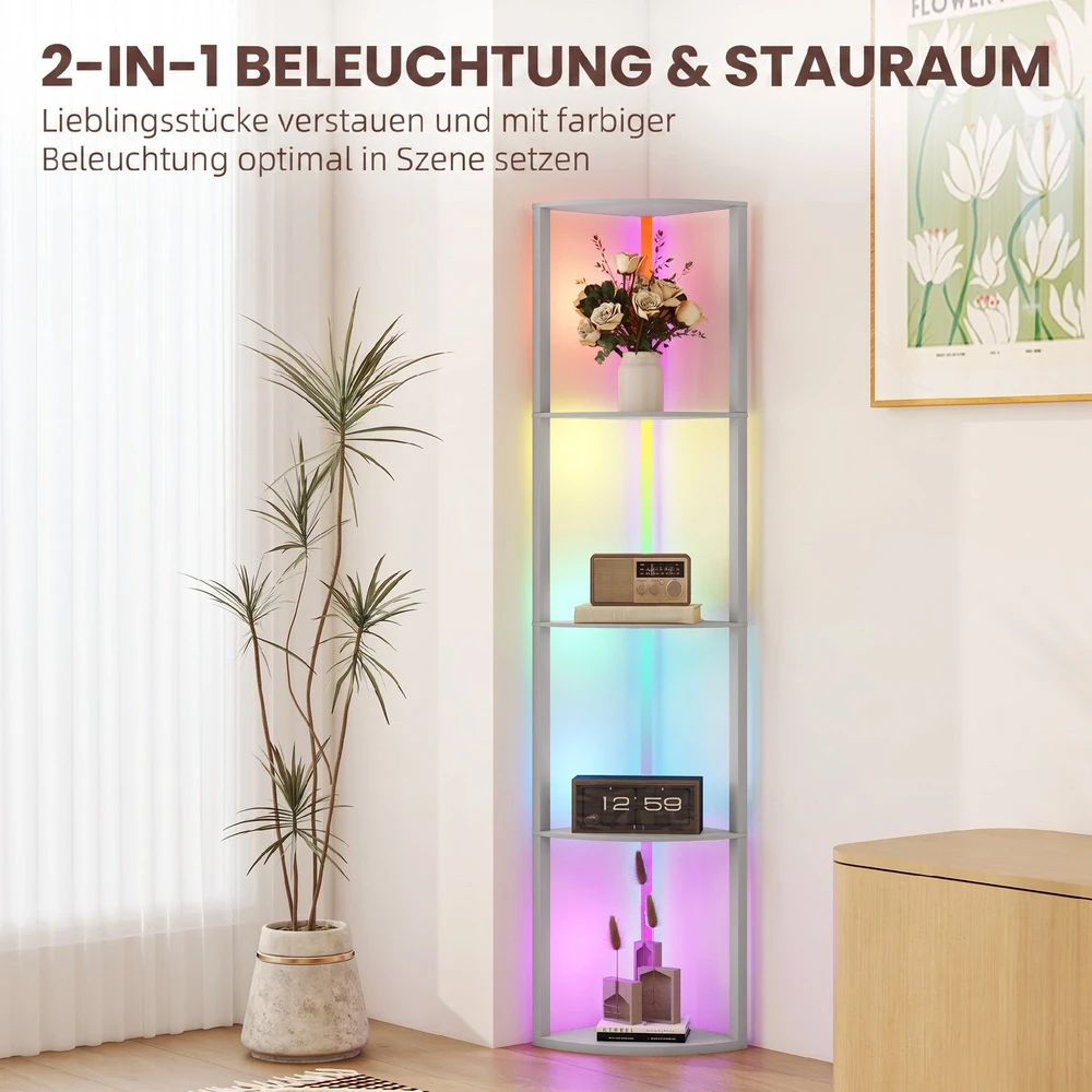 LED pastatomas šviestuvas su 5 lentynomis ir RGB apšvietimu, pilkas ir kreminės baltos spalvos, 42 × 29,5 × 163 cm