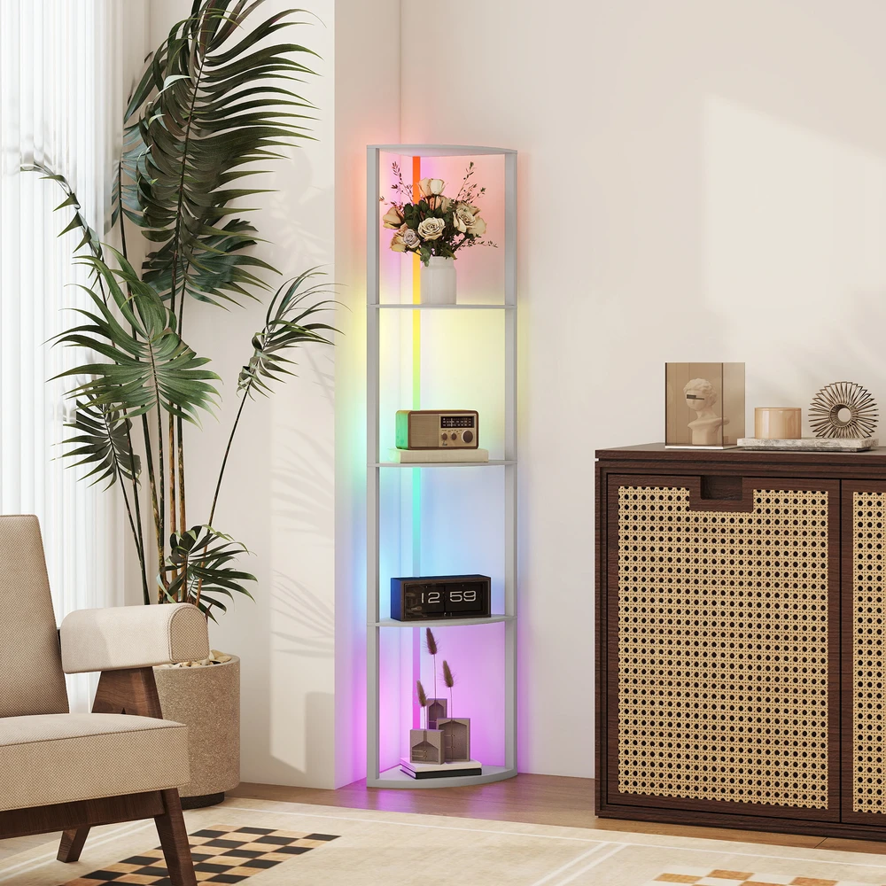 LED pastatomas šviestuvas su 5 lentynomis ir RGB apšvietimu, pilkas ir kreminės baltos spalvos, 42 × 29,5 × 163 cm