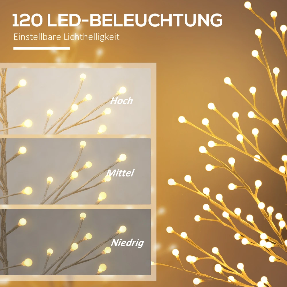 HOMCOM 150 cm šviečianti eglutė, beržinė eglutė su 120 šiltai baltos spalvos 3 ryškumo lygių LED, Kalėdų eglutė beržinė, Led eglutė dirbtinė beržinė, skirta vakarėliui, gimtadieniui, vestuvėms IP44 Balta