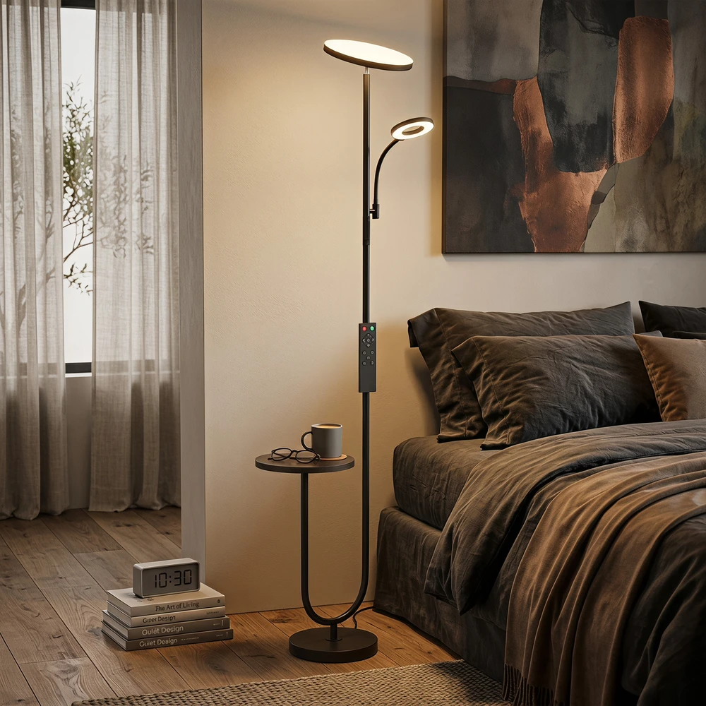 LED toršeras su staliuku ir skaitymo šviestuvu, juodos ir baltos spalvų, 25 × 25 × 175 cm