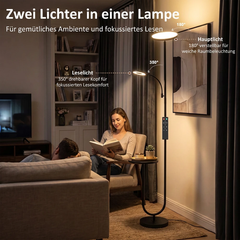 LED toršeras su staliuku ir skaitymo šviestuvu, juodos ir baltos spalvų, 25 × 25 × 175 cm