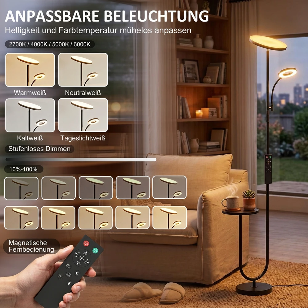 LED toršeras su staliuku ir skaitymo šviestuvu, juodos ir baltos spalvų, 25 × 25 × 175 cm