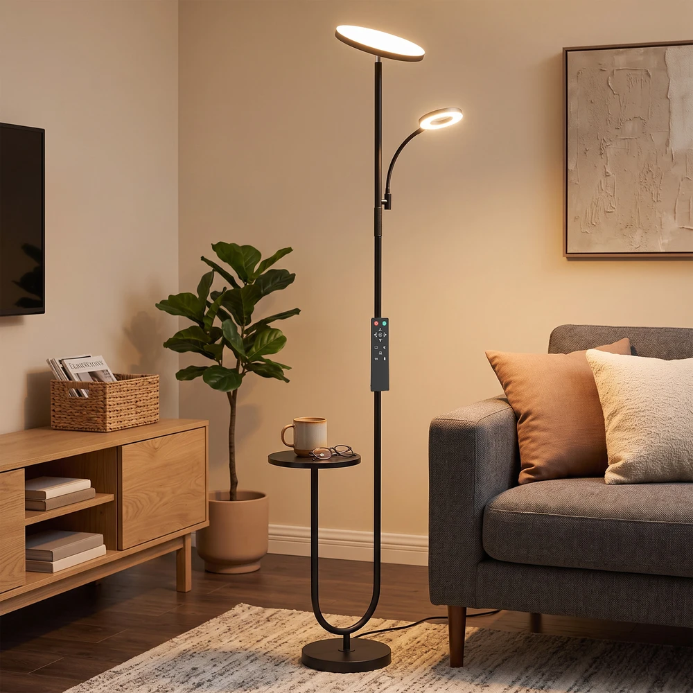 LED toršeras su staliuku ir skaitymo šviestuvu, juodos ir baltos spalvų, 25 × 25 × 175 cm