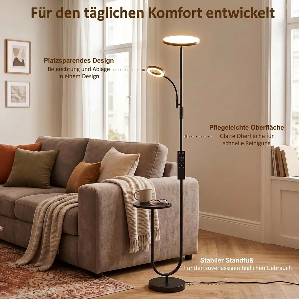 LED toršeras su staliuku ir skaitymo šviestuvu, juodos ir baltos spalvų, 25 × 25 × 175 cm