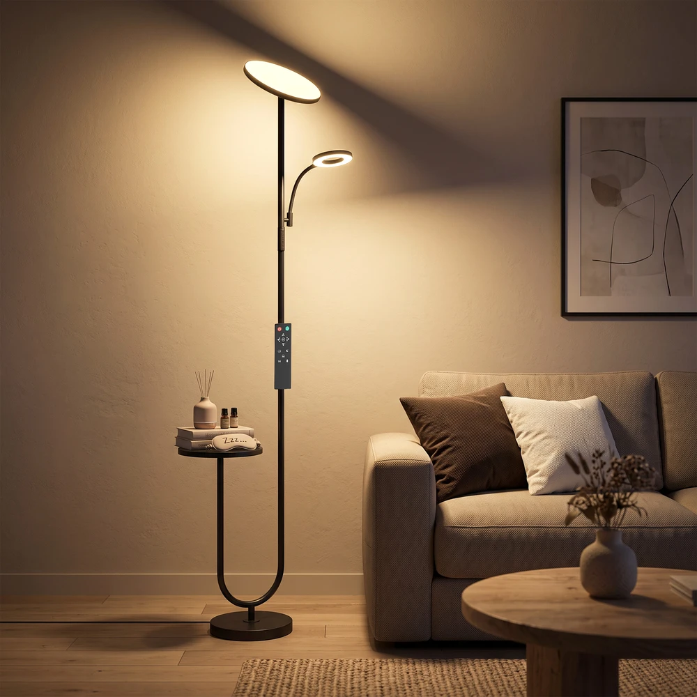 LED toršeras su staliuku ir skaitymo šviestuvu, juodos ir baltos spalvų, 25 × 25 × 175 cm
