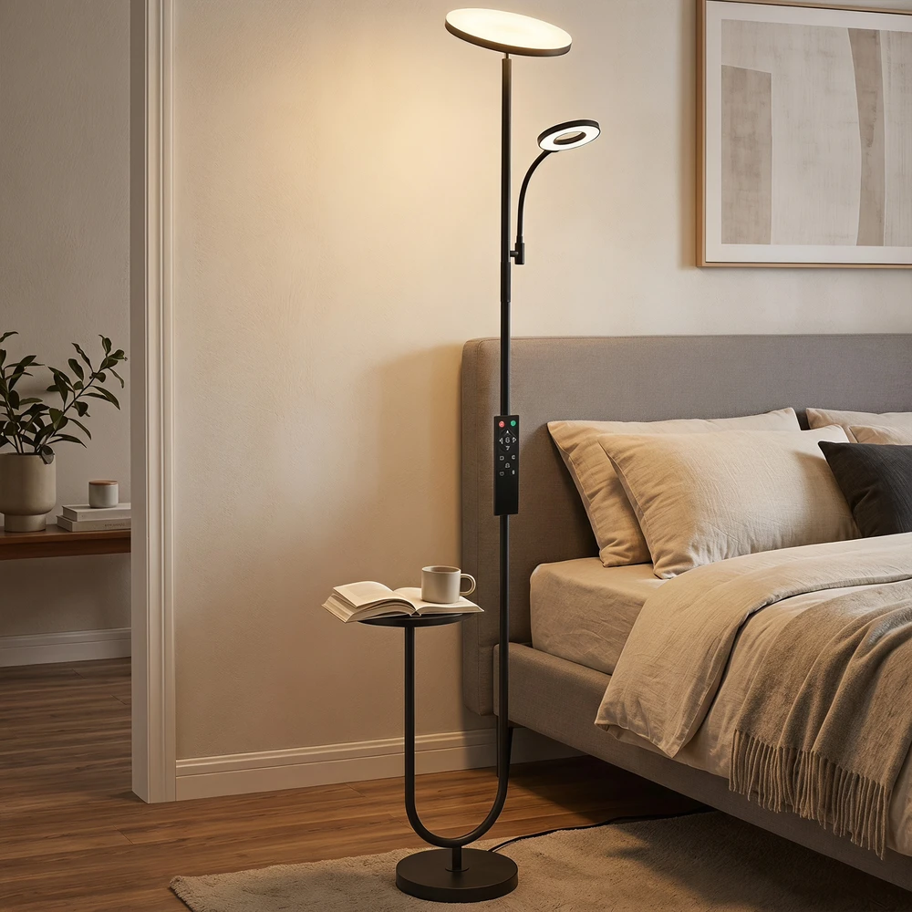 LED toršeras su staliuku ir skaitymo šviestuvu, juodos ir baltos spalvų, 25 × 25 × 175 cm