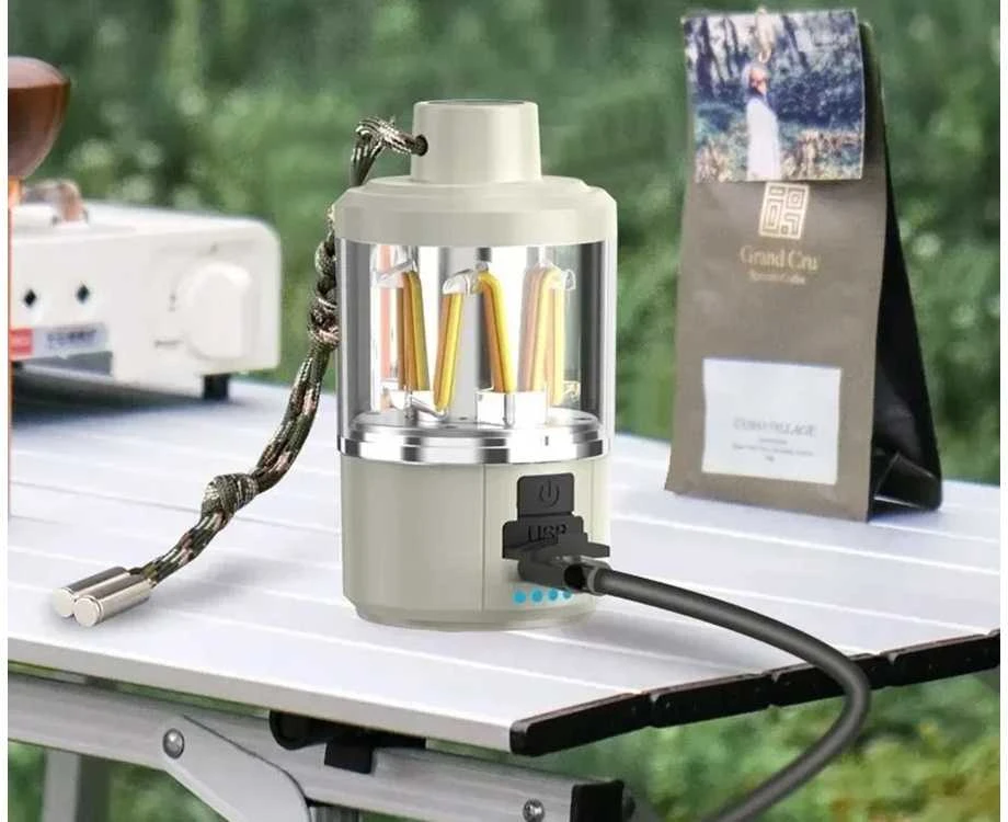 LED turistinė lempa su integruotu akumuliatoriumi ir USB