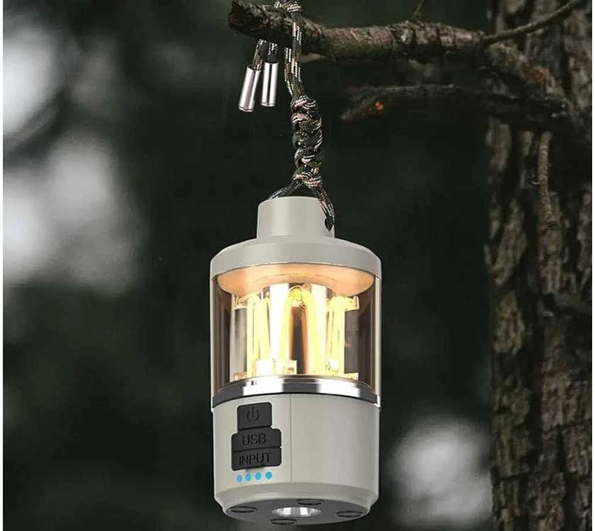 LED turistinė lempa su integruotu akumuliatoriumi ir USB
