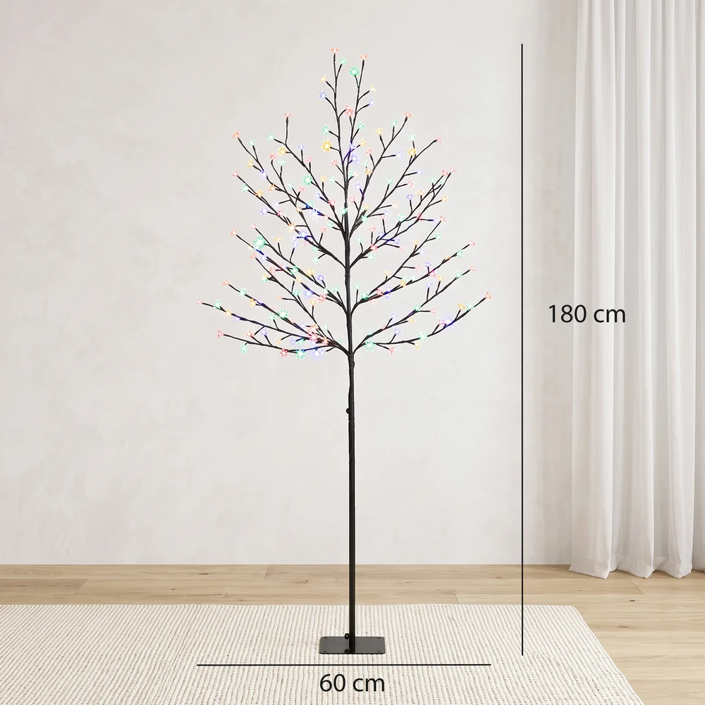 LED vyšnių žiedų medis, 200 LED, 11 režimų, juodas ir skaidrus, 60 × 60 × 180 cm