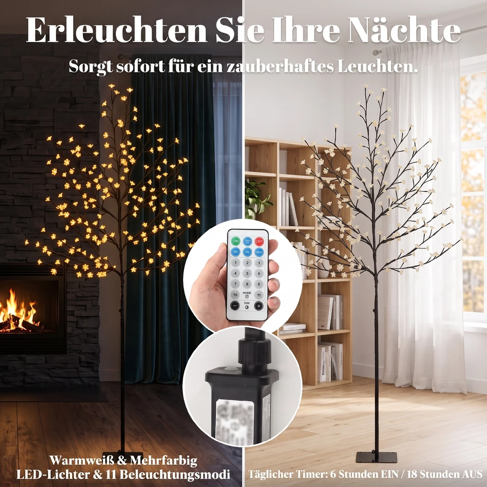 LED vyšnių žiedų medis, 200 LED, 11 režimų, juodas ir skaidrus, 60 × 60 × 180 cm
