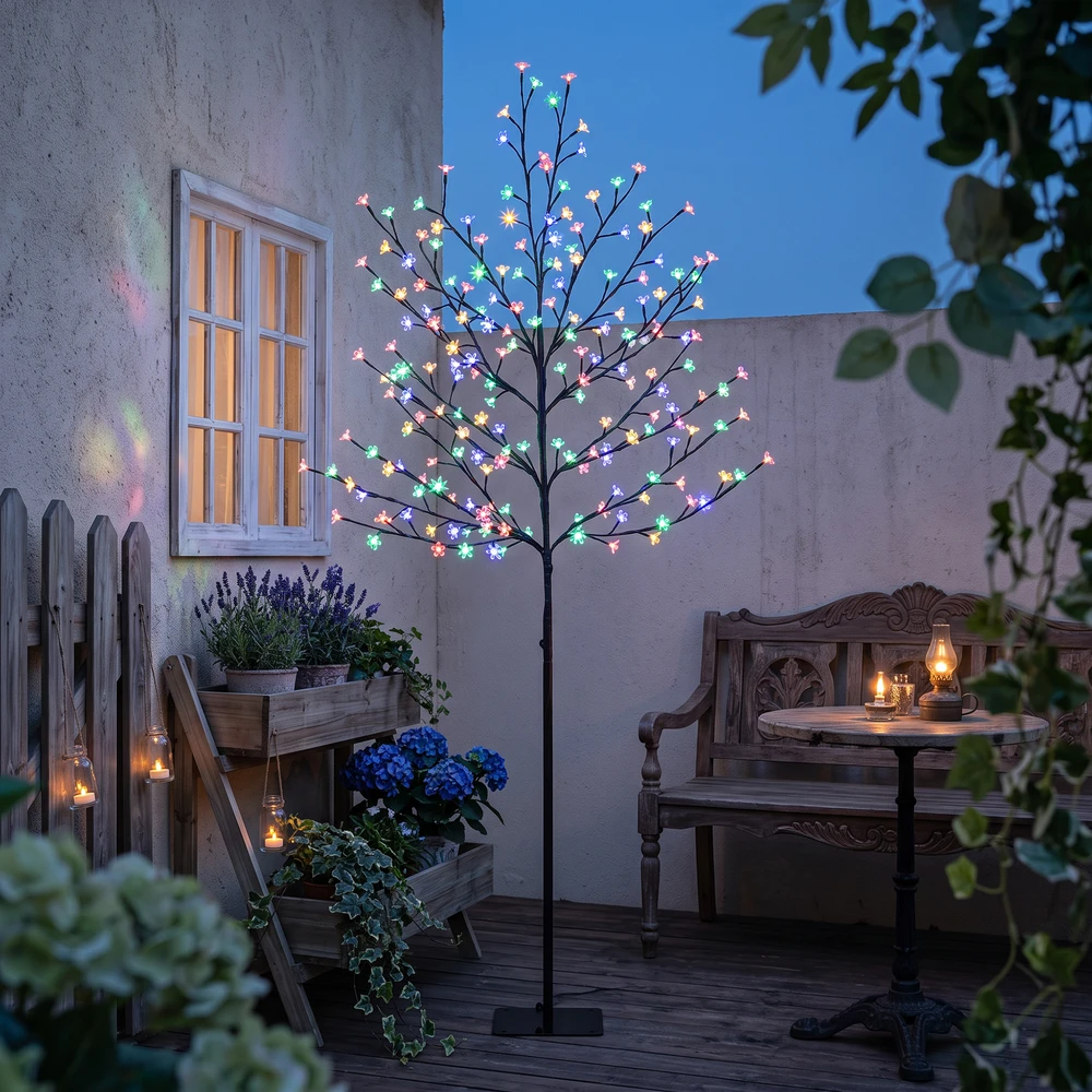 LED vyšnių žiedų medis, 200 LED, 11 režimų, juodas ir skaidrus, 60 × 60 × 180 cm