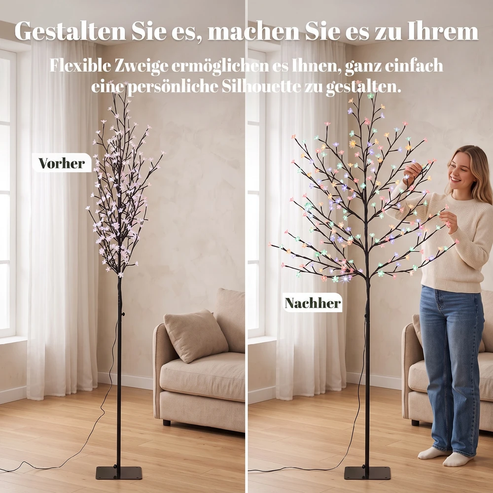 LED vyšnių žiedų medis, 200 LED, 11 režimų, juodas ir skaidrus, 60 × 60 × 180 cm