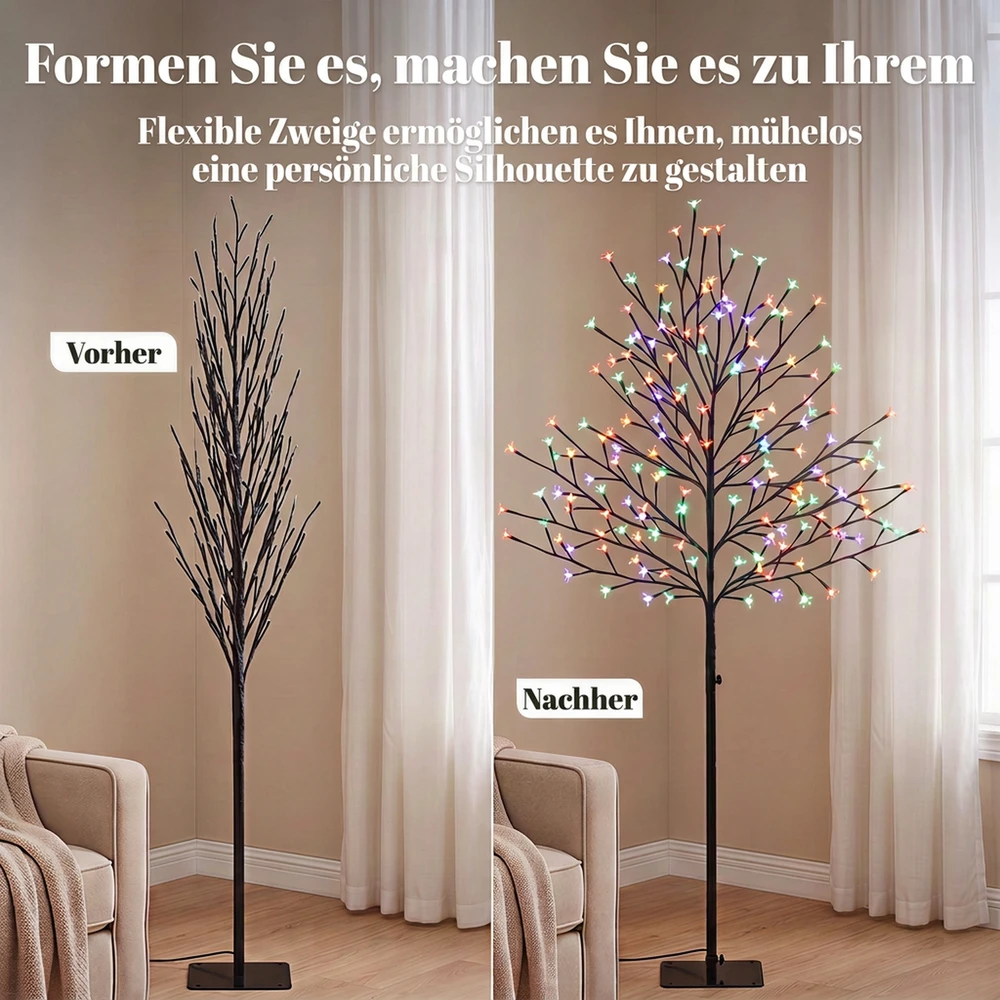 LED vyšnių žiedų medis su 160 LED ir 11 šviesos režimų, juodas ir skaidrus, 55 × 55 × 150 cm