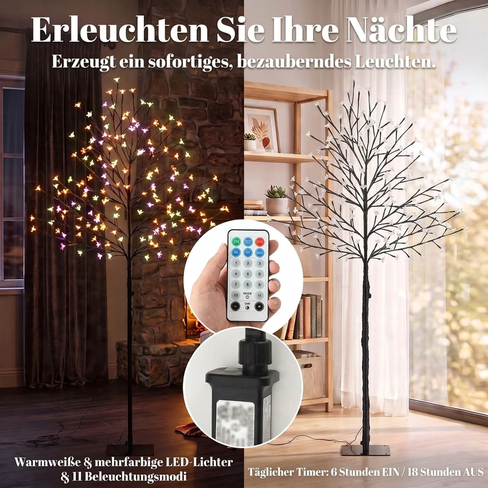 LED vyšnių žiedų medis su 160 LED ir 11 šviesos režimų, juodas ir skaidrus, 55 × 55 × 150 cm