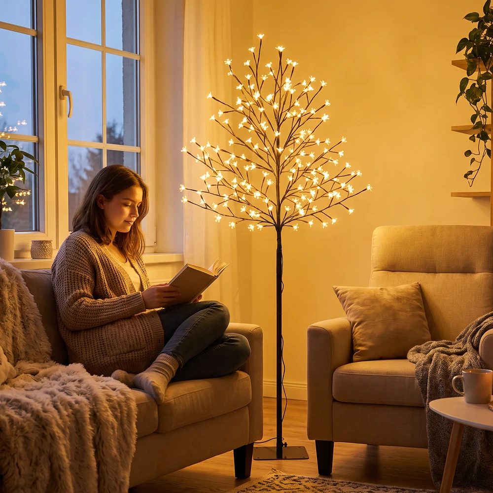 LED vyšnių žiedų medis su 160 LED ir 11 šviesos režimų, juodas ir skaidrus, 55 × 55 × 150 cm