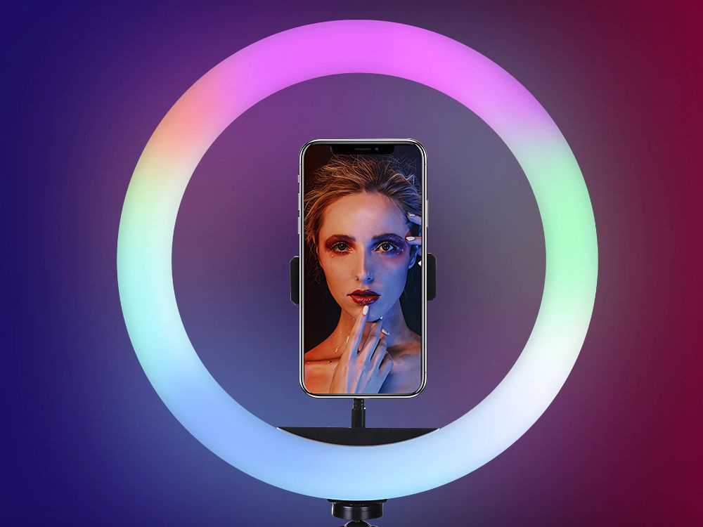 LED žiedinė lempa su RGB, telefono laikikliu ir reguliuojamu stovu