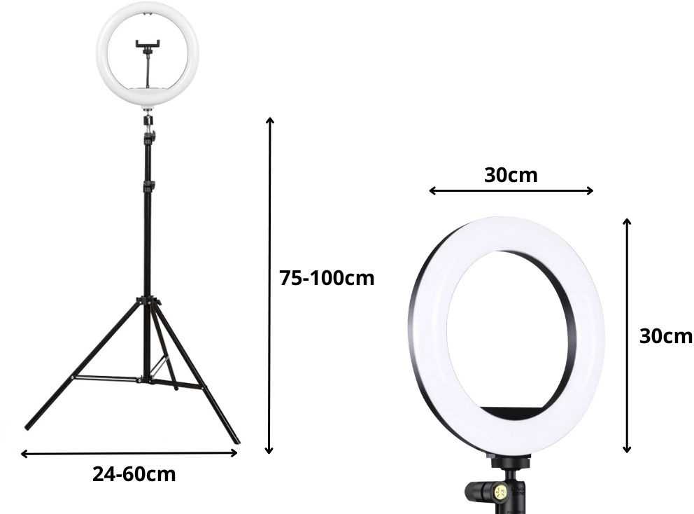 LED žiedinė lempa su RGB, telefono laikikliu ir reguliuojamu stovu