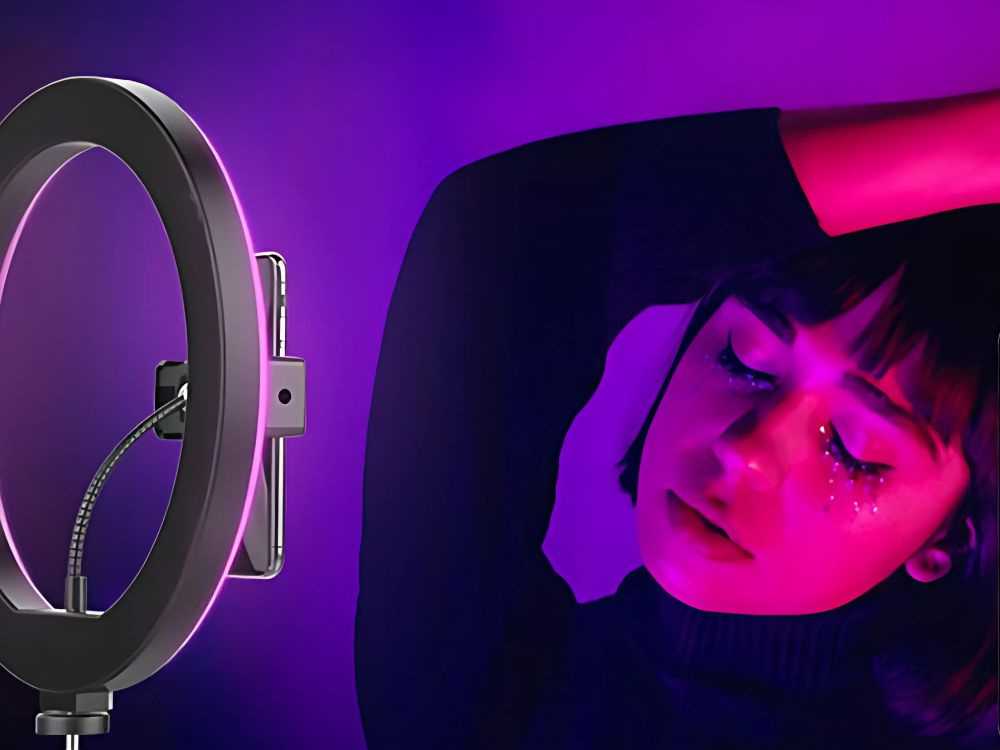 LED žiedinė lempa su RGB, telefono laikikliu ir reguliuojamu stovu
