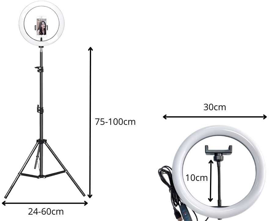 LED žiedinė lempa su telefono laikikliu ir 100 cm stovu