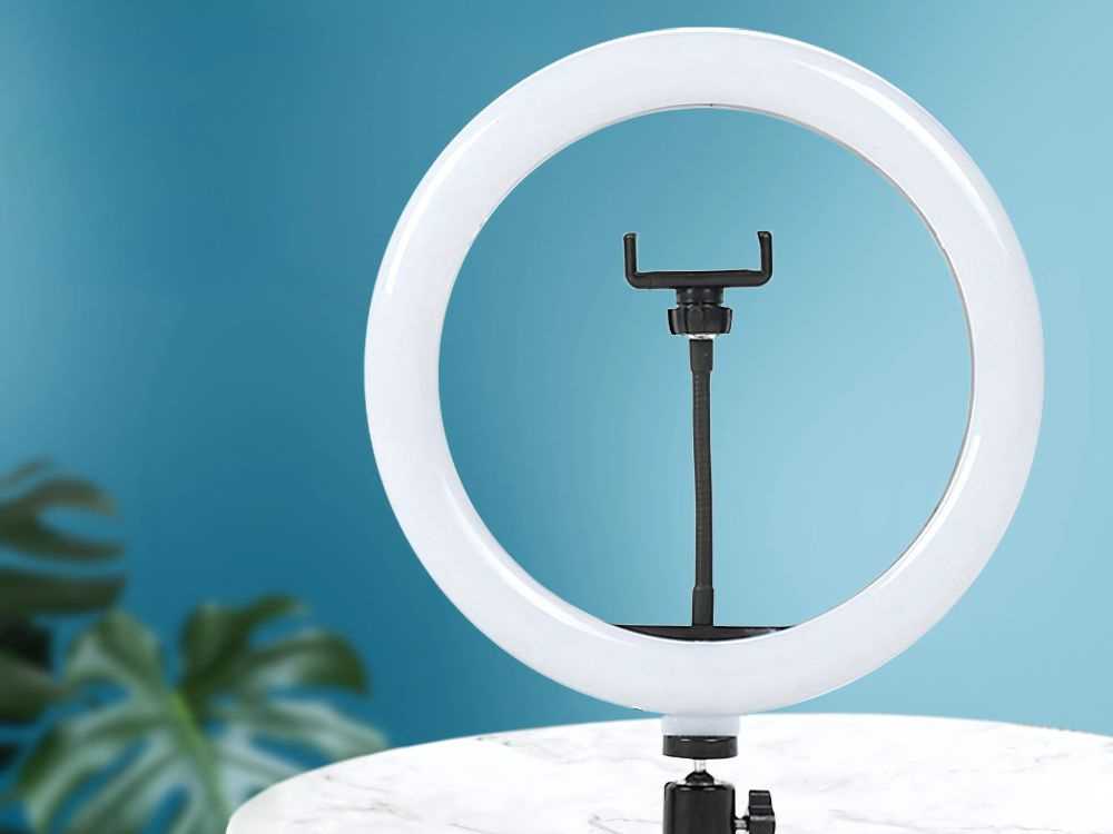 LED žiedinė lempa su telefono laikikliu ir 100 cm stovu