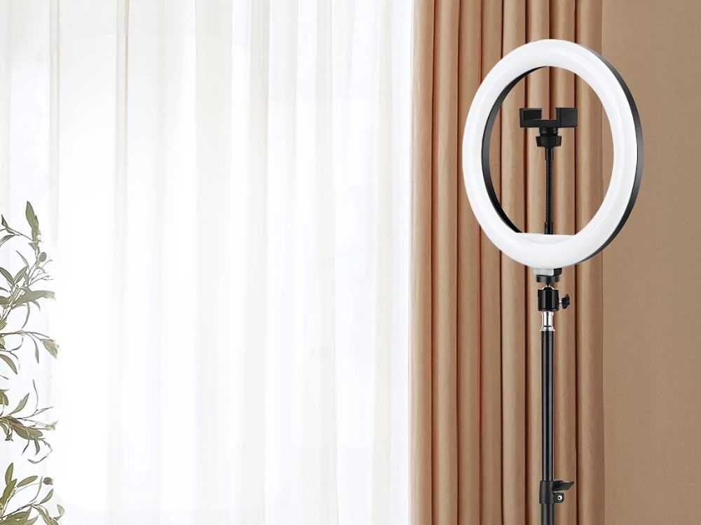 LED žiedinė lempa su telefono laikikliu ir 100 cm stovu