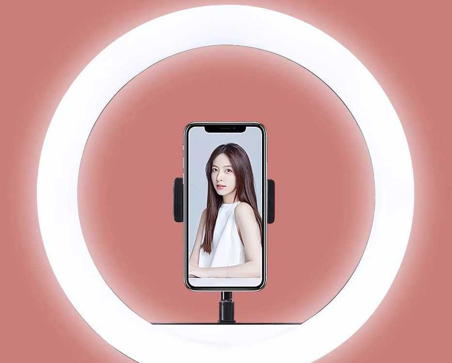 LED žiedinė lempa su telefono laikikliu ir 100 cm stovu