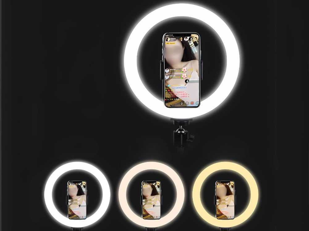 LED žiedinė lempa su telefono laikikliu ir 100 cm stovu