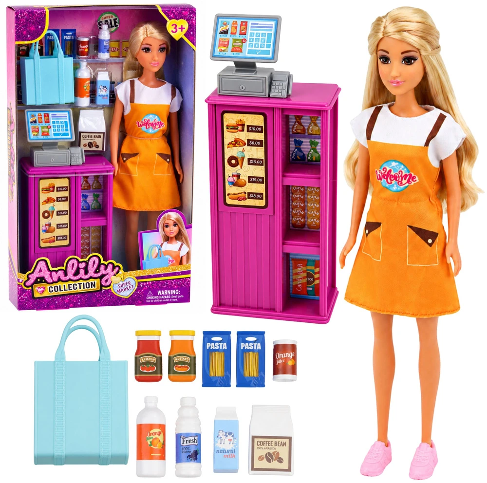 Lean Toys Lėlė su parduotuvės rinkiniu ir kasos aparatu, 30 cm
