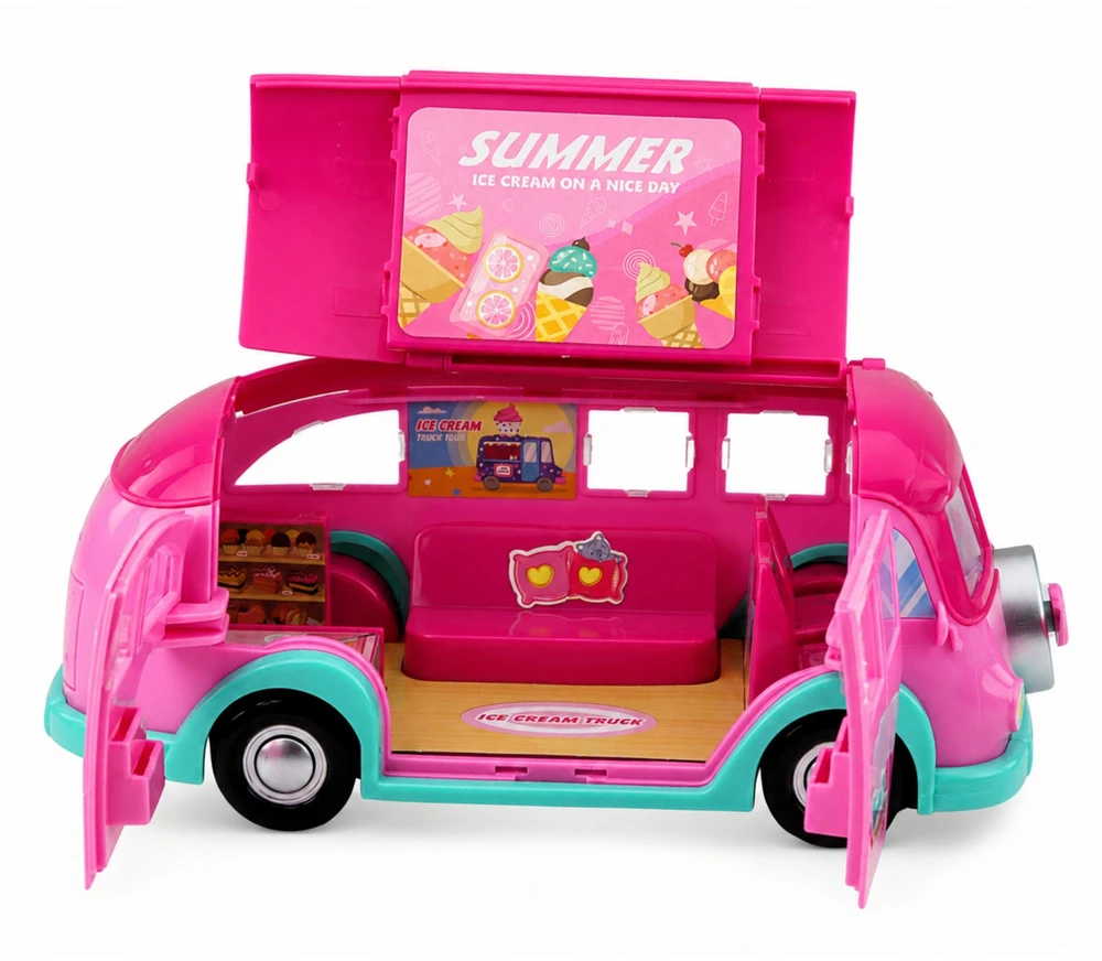 Lean Toys Lėlės žaidimų rinkinys su ledų furgonu, rožinis, 23,5 × 12 × 10,5 cm, 33 dalių