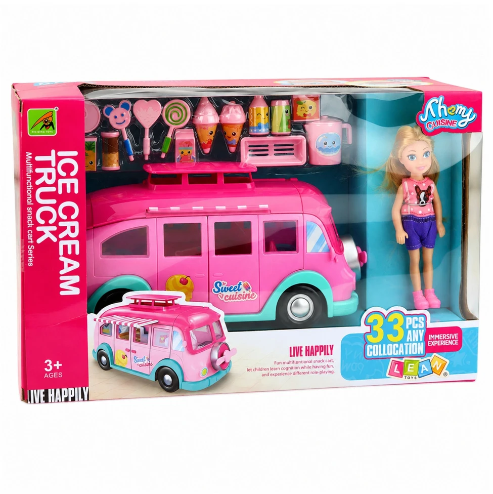 Lean Toys Lėlės žaidimų rinkinys su ledų furgonu, rožinis, 23,5 × 12 × 10,5 cm, 33 dalių