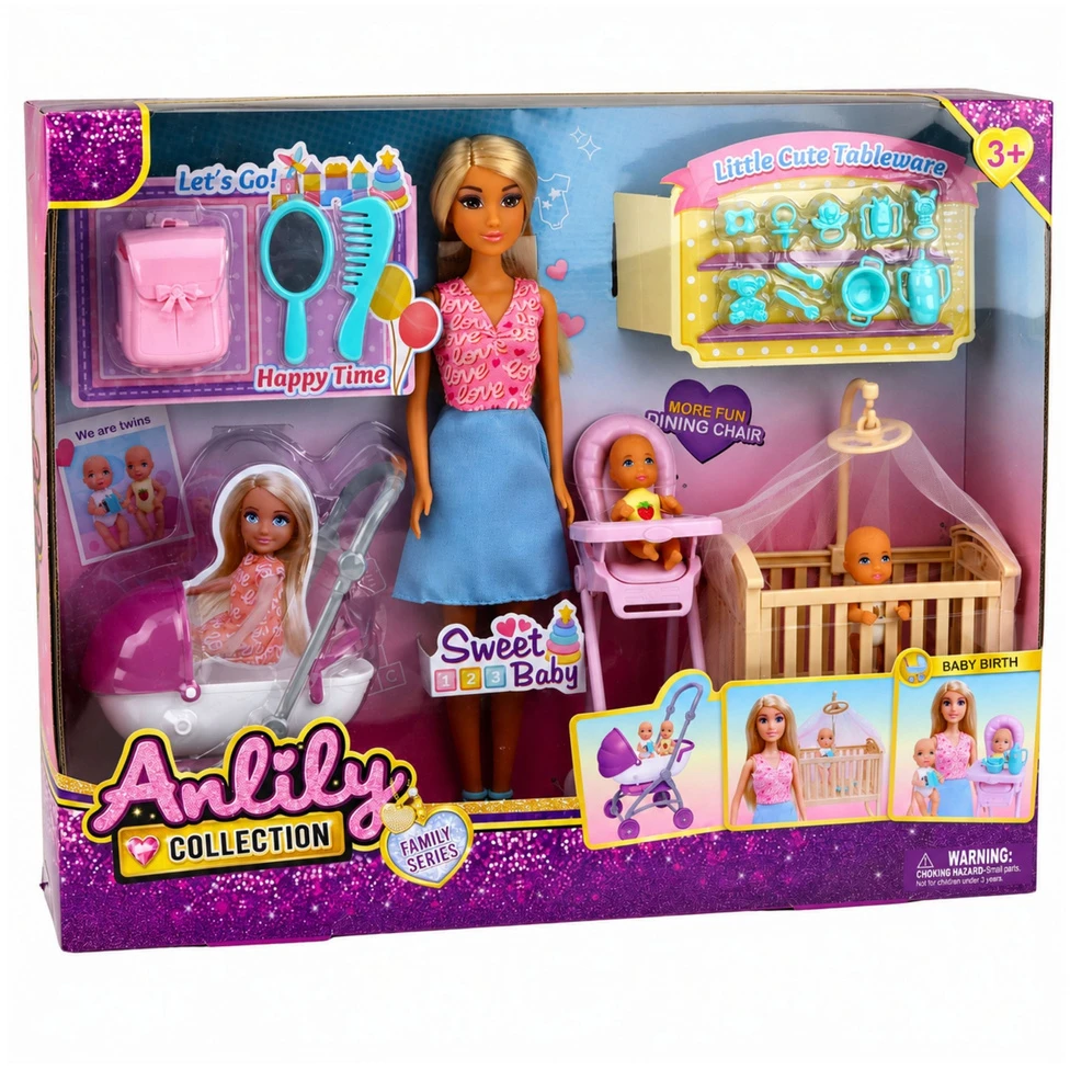 Lean Toys Lėlių rinkinys su mama ir dvyniais, 30 cm