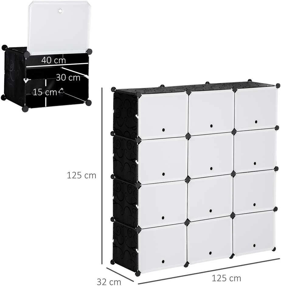 HOMCOM batų spintelė, 12 skyrių dėžė, „pasidaryk pats“ modulinė lentyna su durelėmis, plastikas ir plienas, juoda ir balta, 125 x 32 x 125 cm