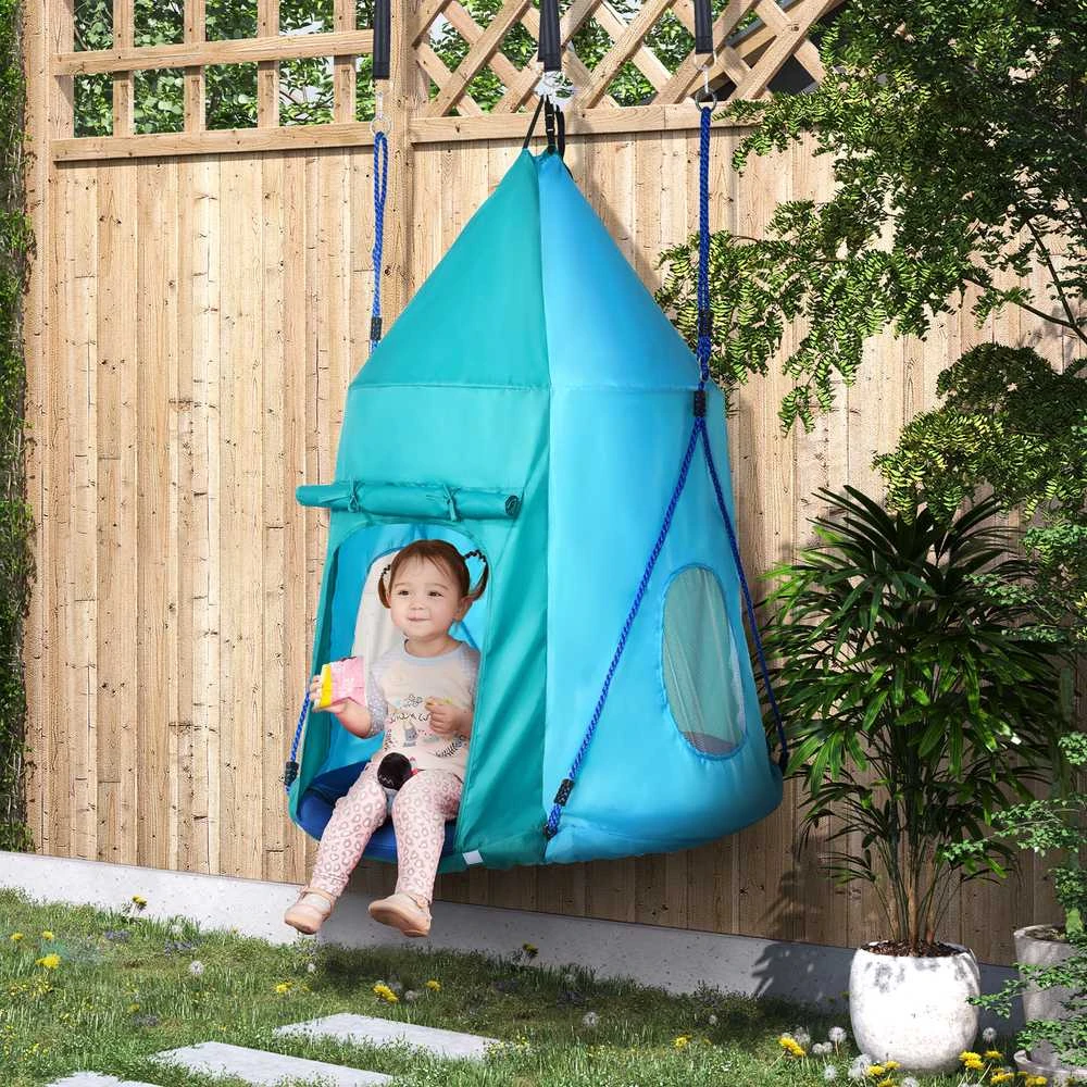 Outsunny gulto formos sūpynės su palapine, Ø100 cm sodo sūpynės, vaikiškos sūpynės su langeliu ir reguliuojamo ilgio virvėmis, atsparios vandeniui, iki 150 kg, melsvai žalios spalvos