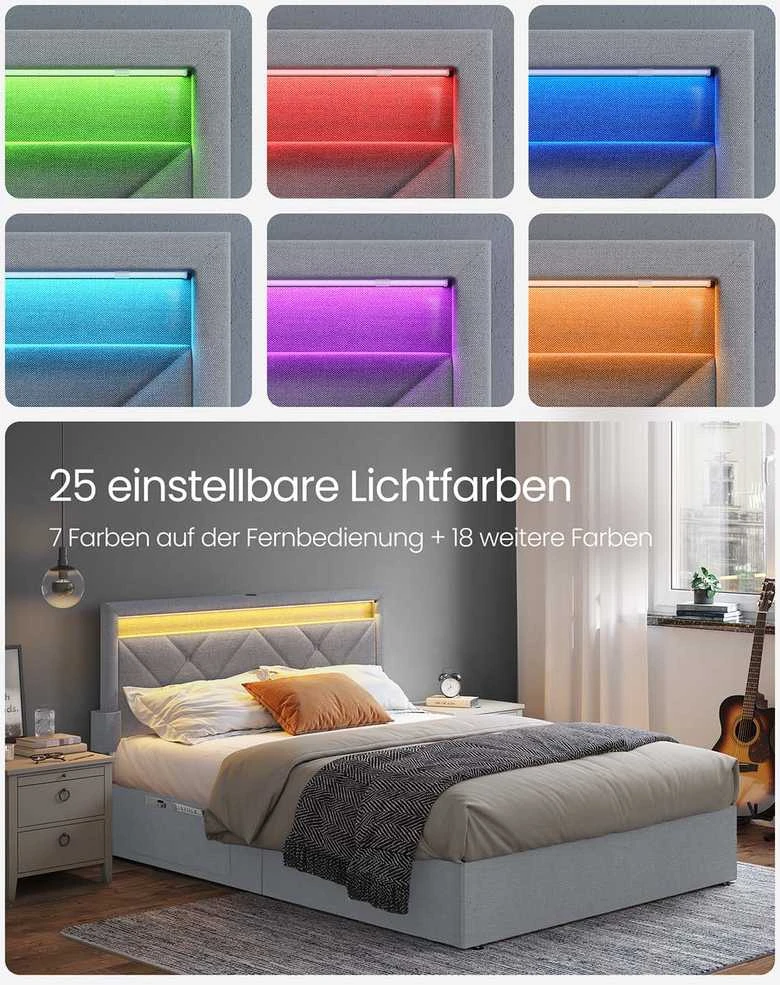 Vasagle Lova 140 x 200 cm su įkrovimo stotele skalūno pilka matinė juoda