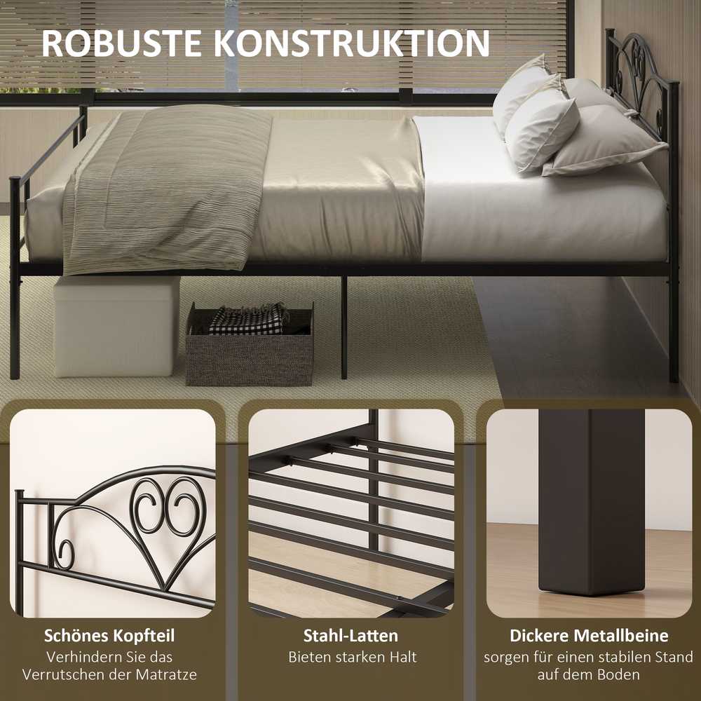 Lova HOMCOM Metalinis lovos rėmas su galvūgaliu, 300 kg keliamoji galia, 145I x 211P x 106A cm, juodas