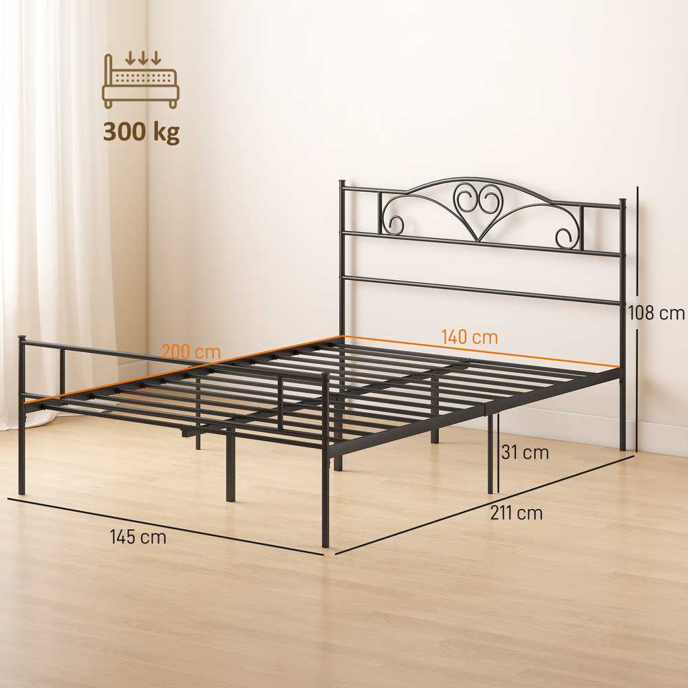 Lova HOMCOM Metalinis lovos rėmas su galvūgaliu, 300 kg keliamoji galia, 145I x 211P x 106A cm, juodas